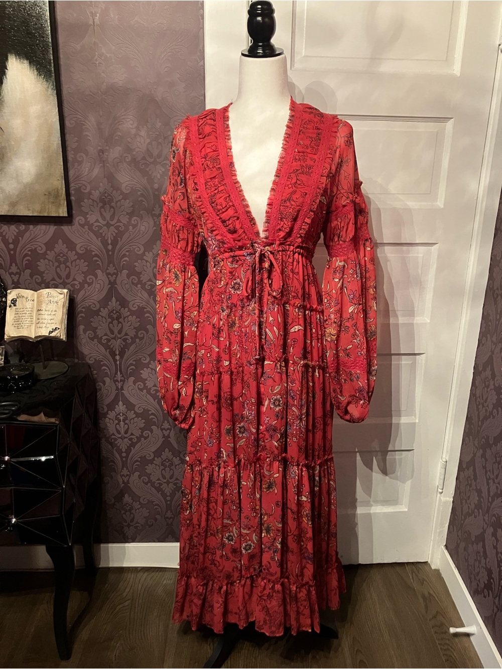 NWT Free People “Cassis” Boho Red Floral Tiered Maxi Dress with Tie Waist - Picture 1 of 14